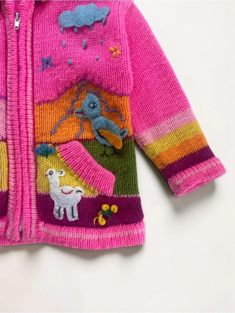 HANDMADE Neon Folk Art Storybook Landscape Hooded Knit Zip Up Cardigan